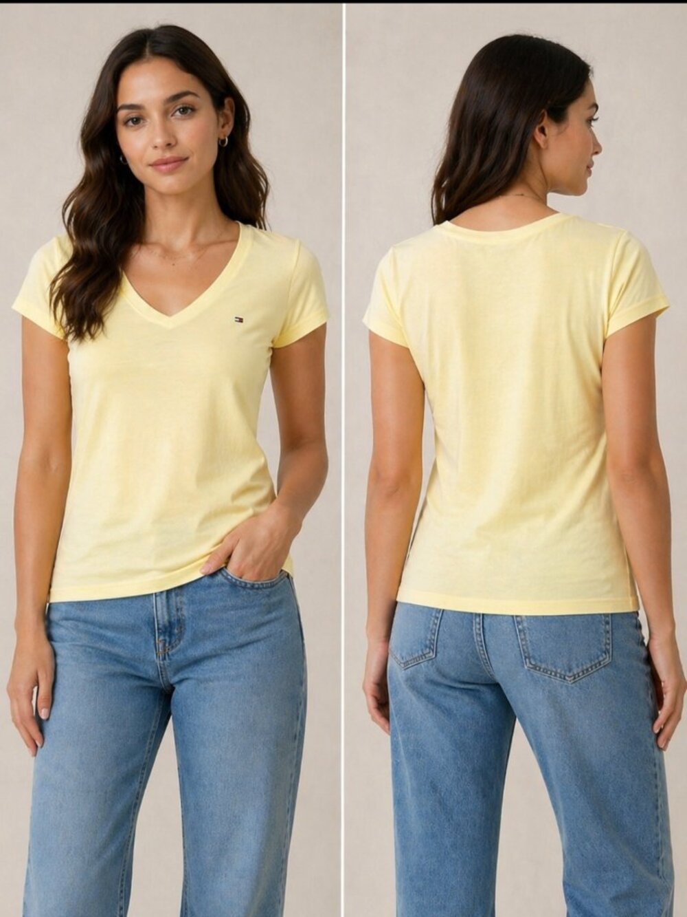 Tommy Hilfiger Yellow V Neck Tee Logo Top S Clean Girl Preppy